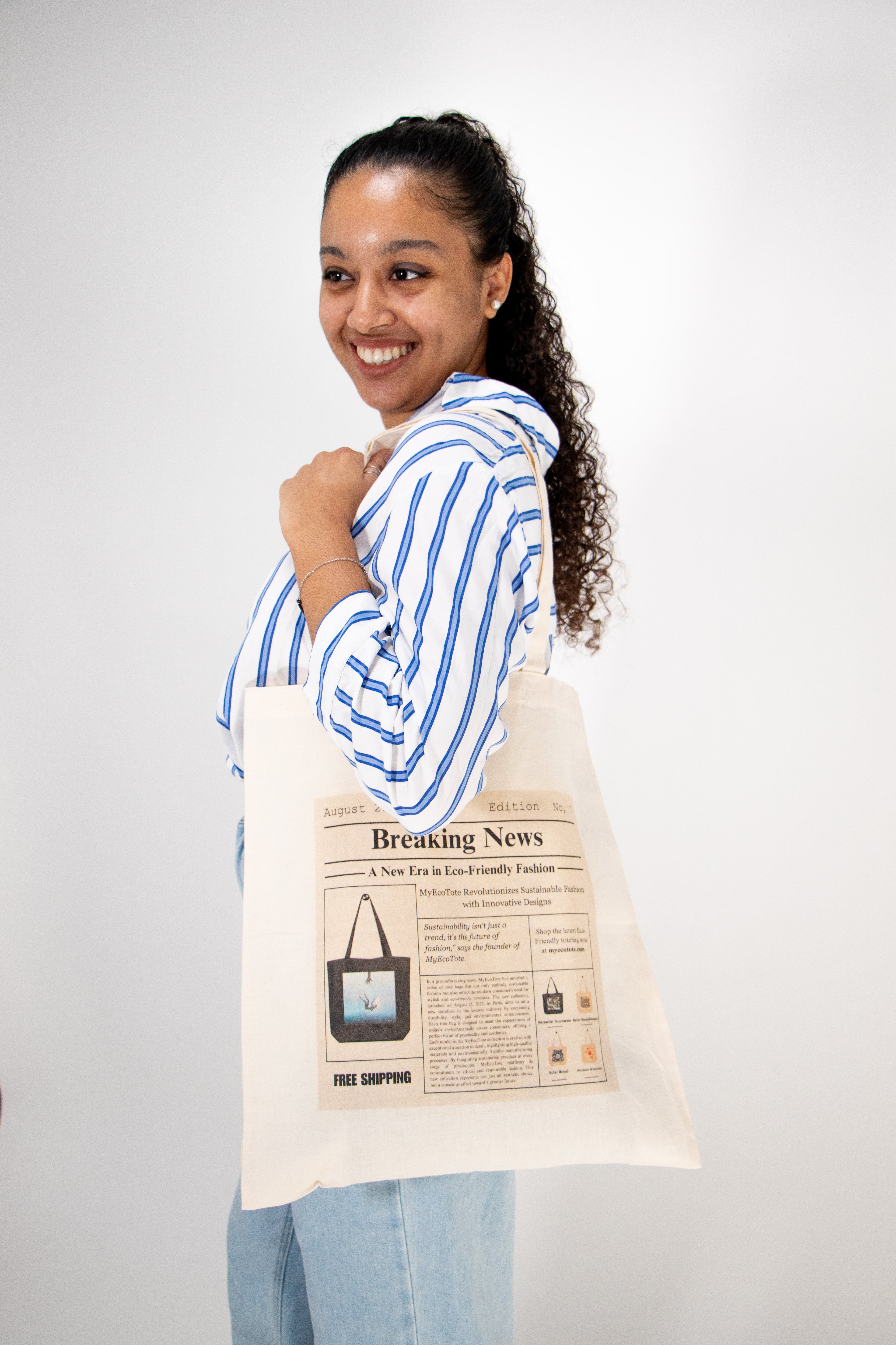 Totebag MyEcoTote fait main, porté pour montrer la taille